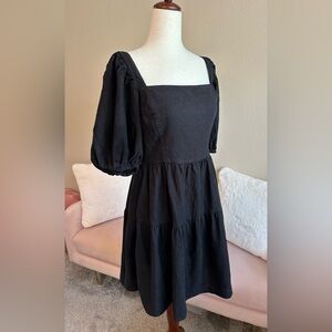 House of Harlow 1960 Mini Dress Black Linen Tiered Puff Slv Women’s S Babydoll